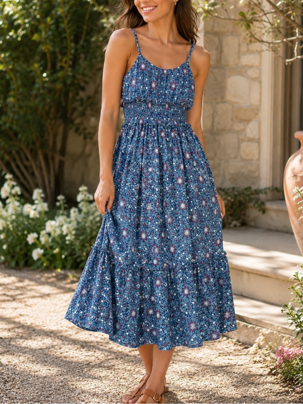 Sundance Blue Floral Smocked Maxi Dress Boho Cottagecore Sundress Women’s M